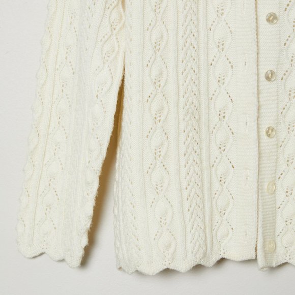 Vtg 50s Cream Open Knit Scalloped Cardigan M - Picture 3 of 7